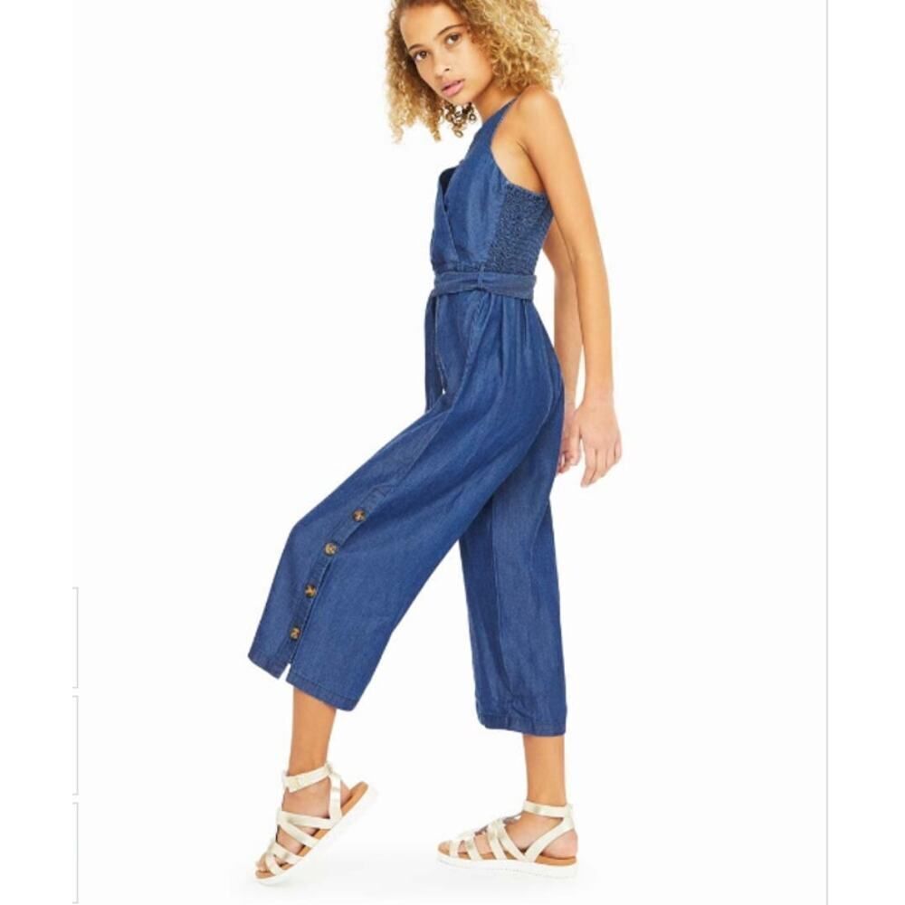 Habitual Denim Button-Accent Waist-Tie Crop Emerald Sleeveless Jumpsuit 6X NWT